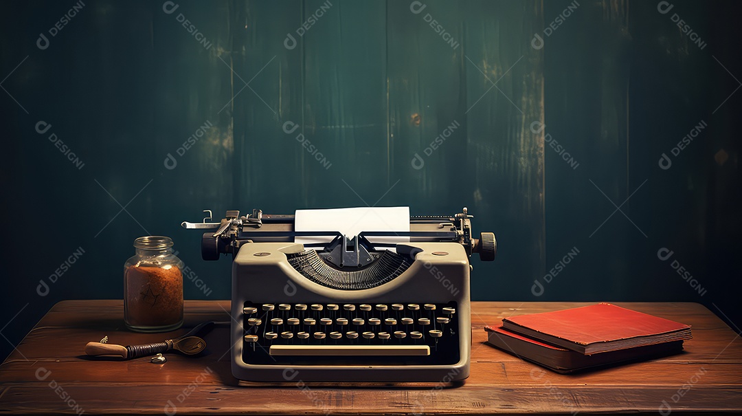 Máquina de escrever vintage sobre uma mesa de madeira com um livro e uma caneta