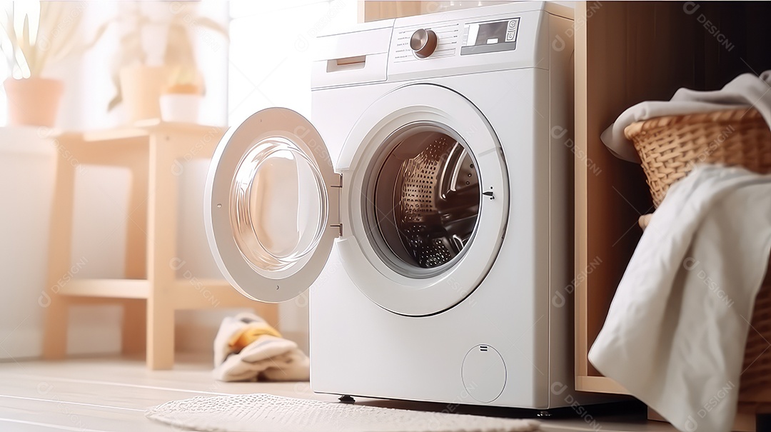 Máquina de lavar e cesto com roupas sobre a mesa contra fundo de parede cinza