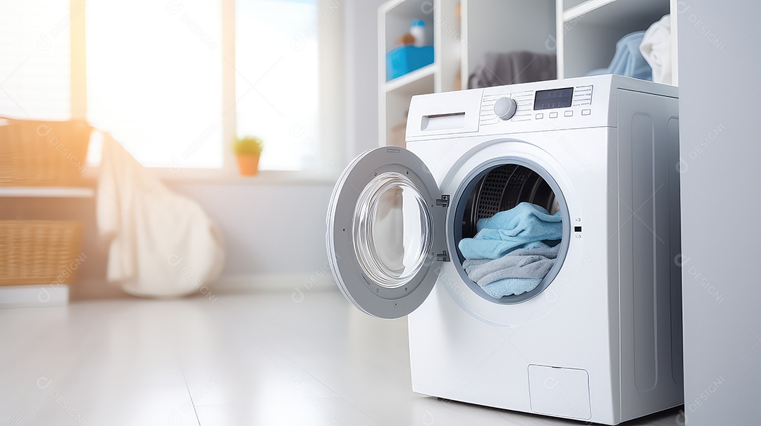 Máquina de lavar e cesto com roupas sobre a mesa contra fundo de parede cinza