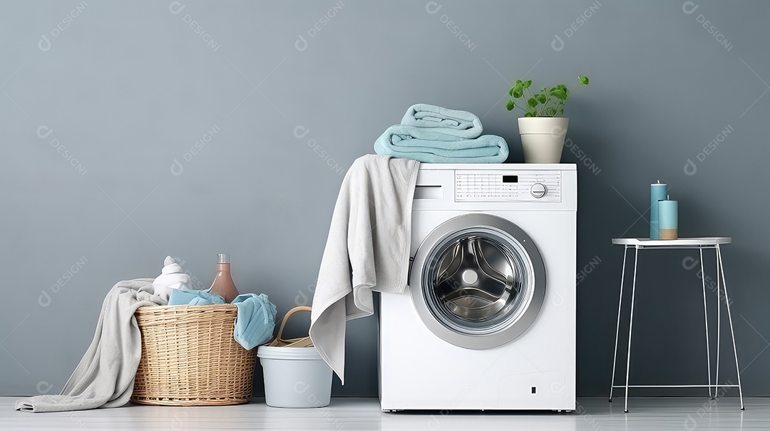 Máquina de lavar e cesto com roupas sobre a mesa contra fundo de parede cinza
