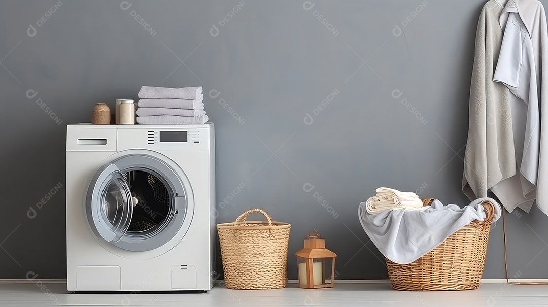 Máquina de lavar roupa em fundo de parede cinza