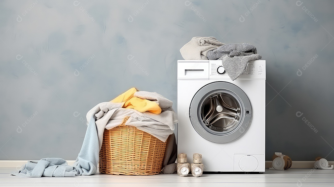 Máquina de lavar roupa em fundo de parede cinza
