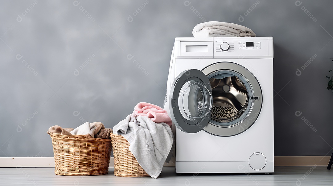 Máquina de lavar roupa em fundo de parede cinza