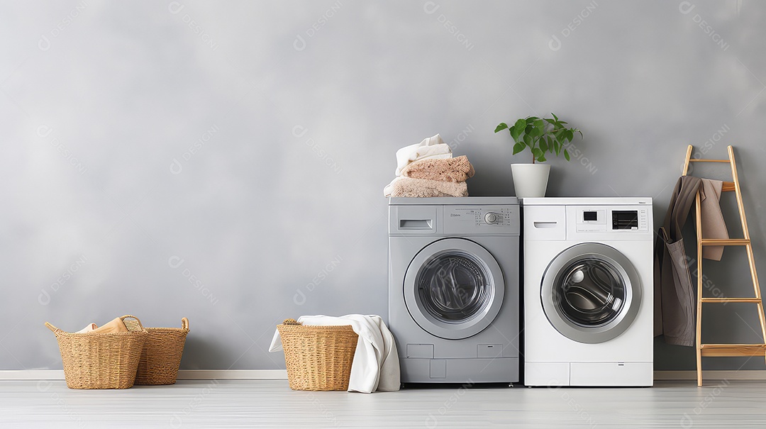 Máquina de lavar roupa em fundo de parede cinza