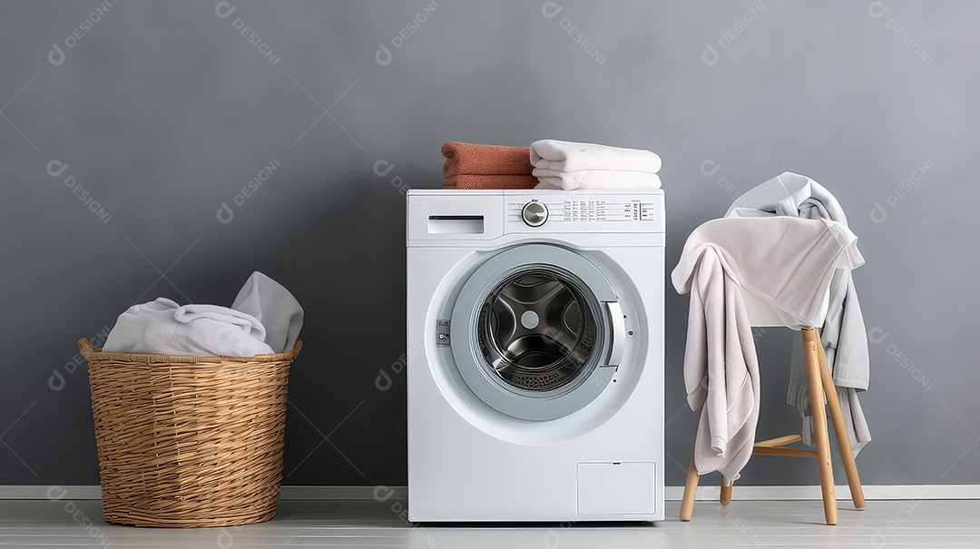 Máquina de lavar roupa em fundo de parede cinza