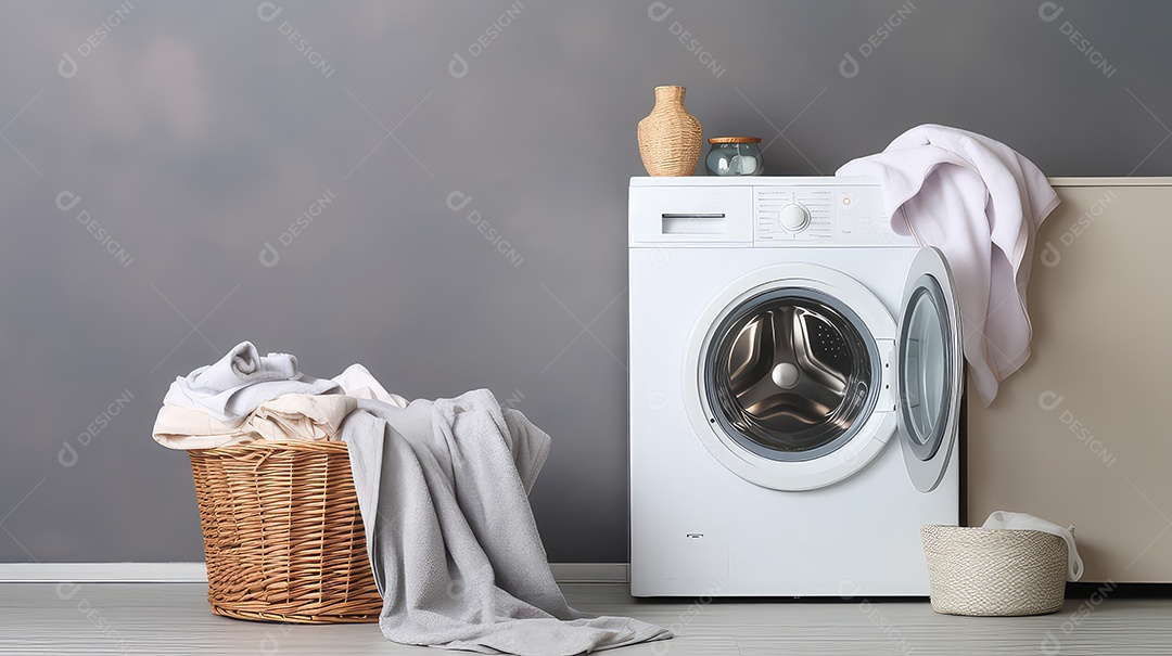 Máquina de lavar roupa em fundo de parede cinza