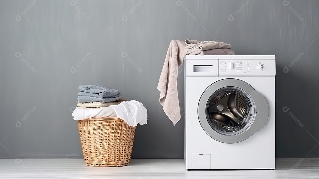 Máquina de lavar em frente a uma parede cinza