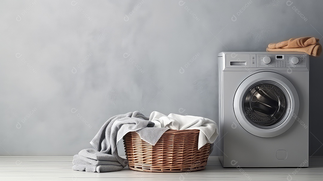 Máquina de lavar roupa em fundo de parede cinza