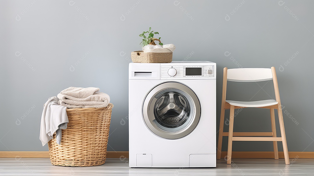 Lavanderia com máquina de lavar e cesto com roupas