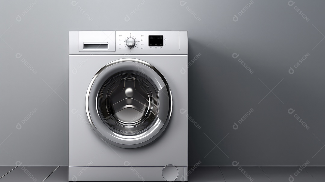 Máquina de lavar roupa em fundo de parede cinza