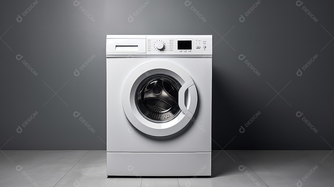 Máquina de lavar roupa em fundo de parede cinza