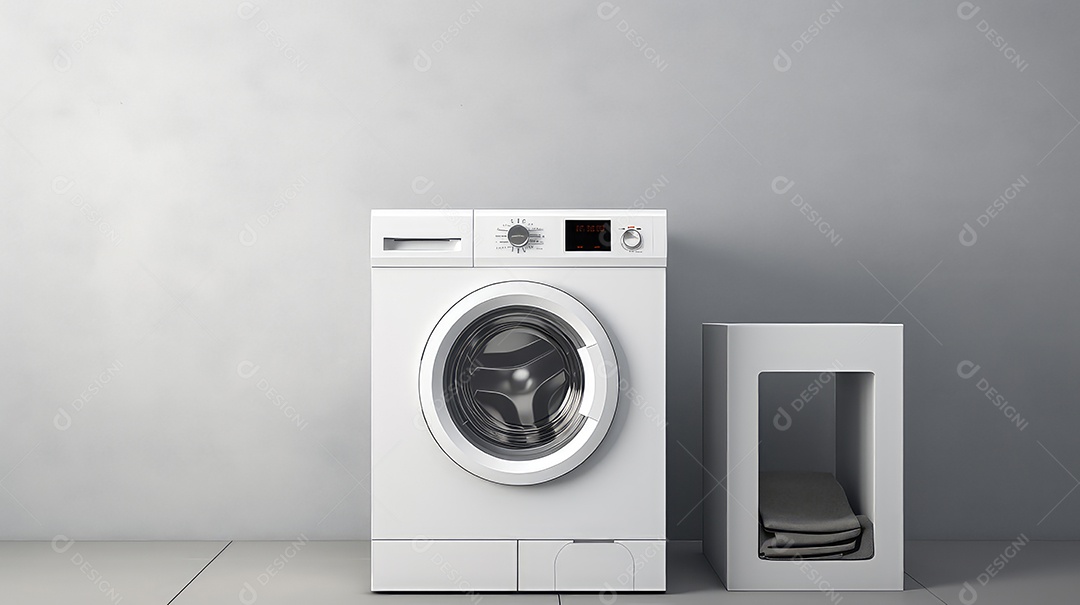 Máquina de lavar roupa em fundo de parede cinza