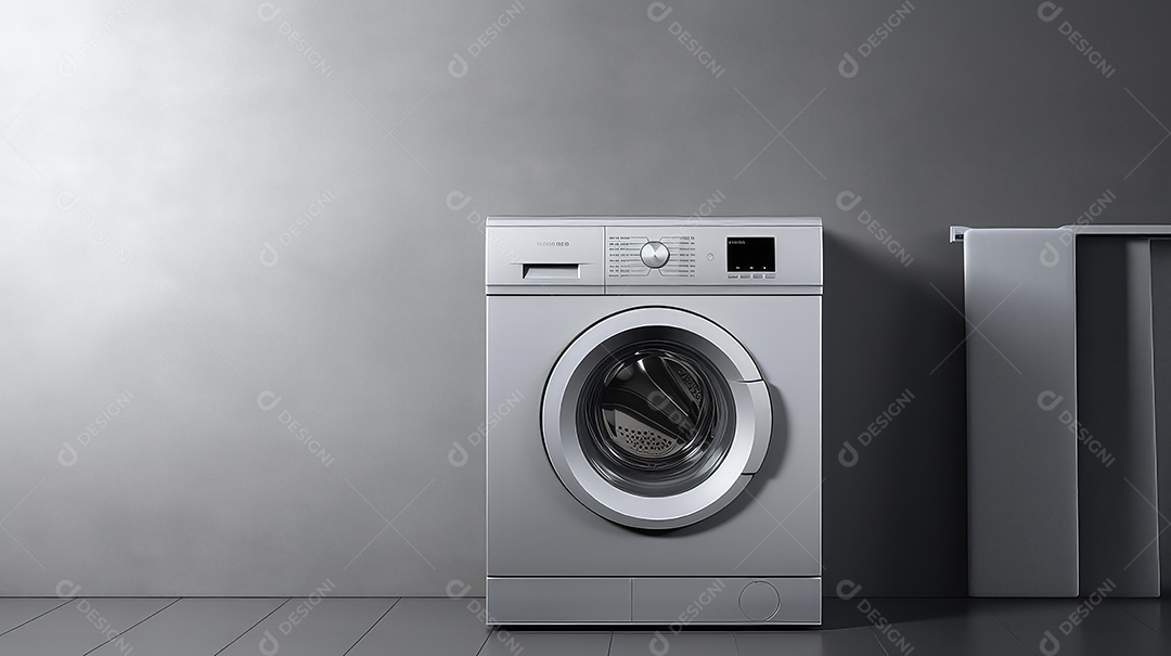 Máquina de lavar roupa em fundo de parede cinza