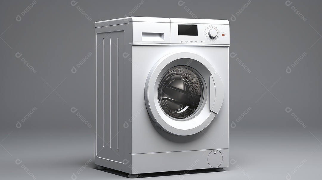 Máquina de lavar roupa em fundo de parede cinza