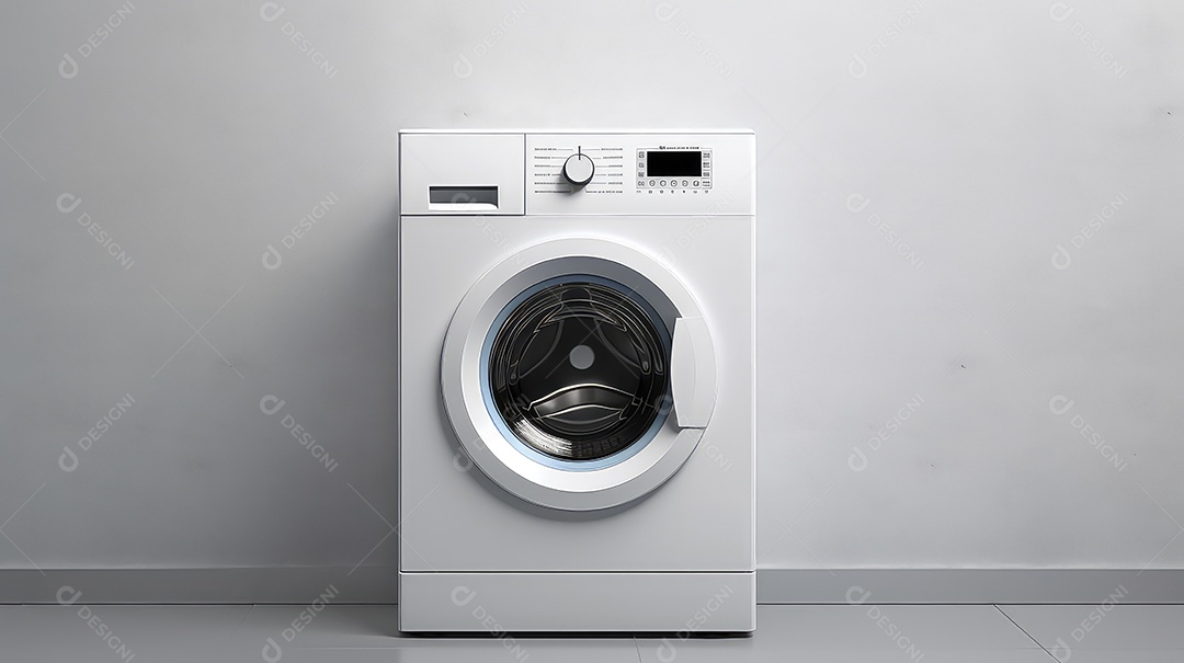 Máquina de lavar roupa em fundo de parede cinza