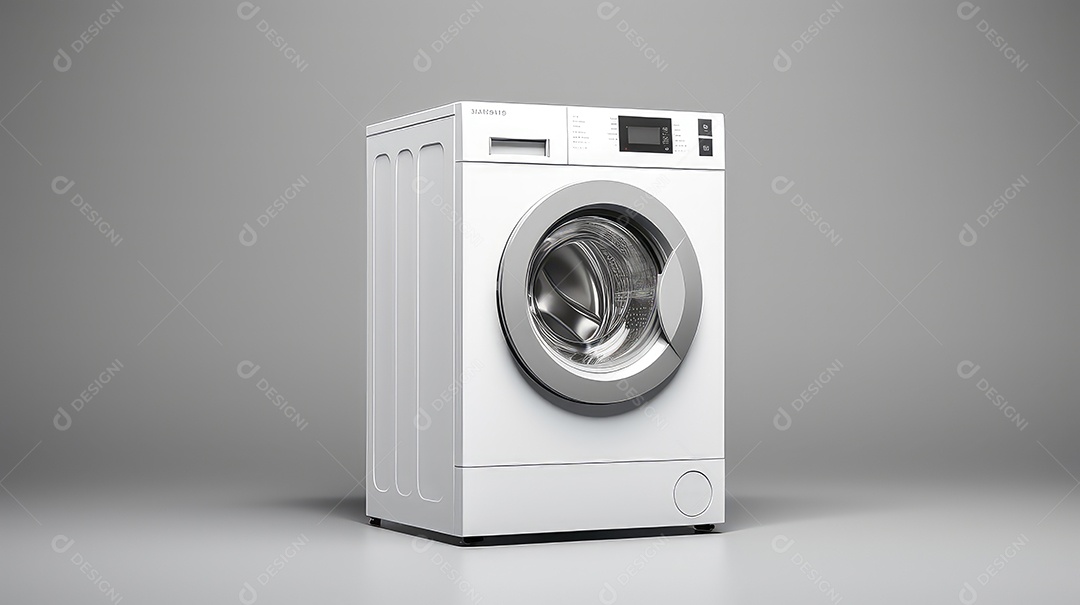 Máquina de lavar roupa em fundo de parede cinza