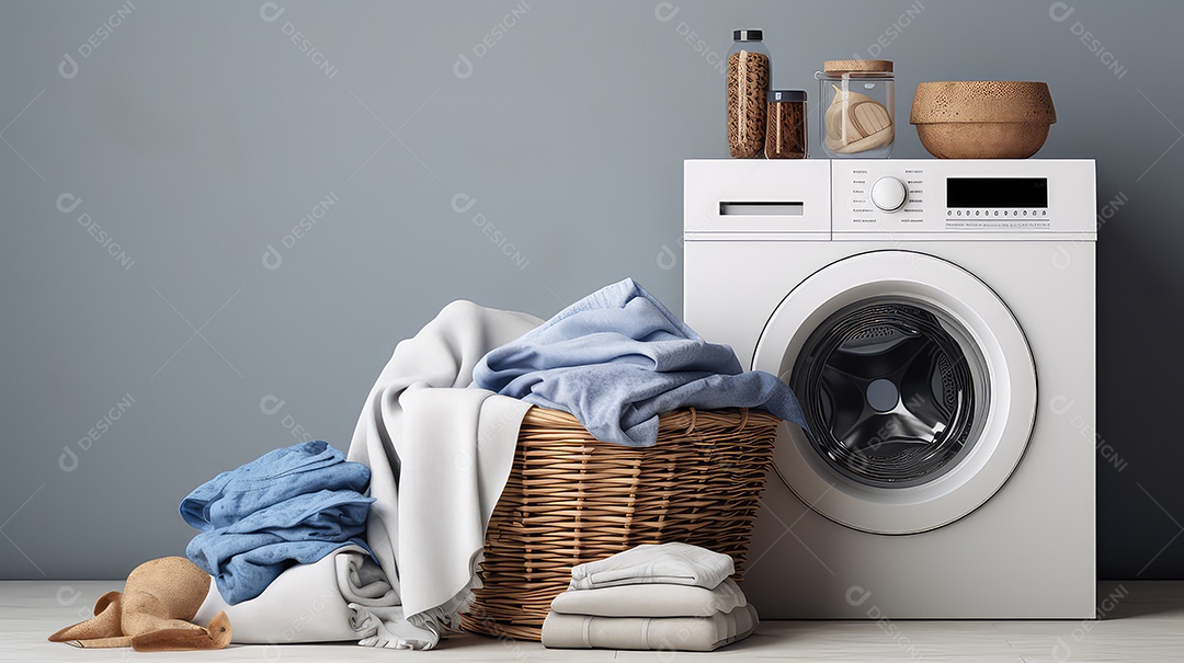 Cesta de vime com roupas sujas e máquina de lavar no fundo da parede cinza