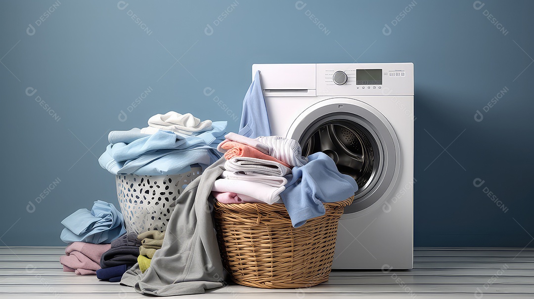 Cesta de vime com roupas sujas e máquina de lavar no fundo da parede cinza