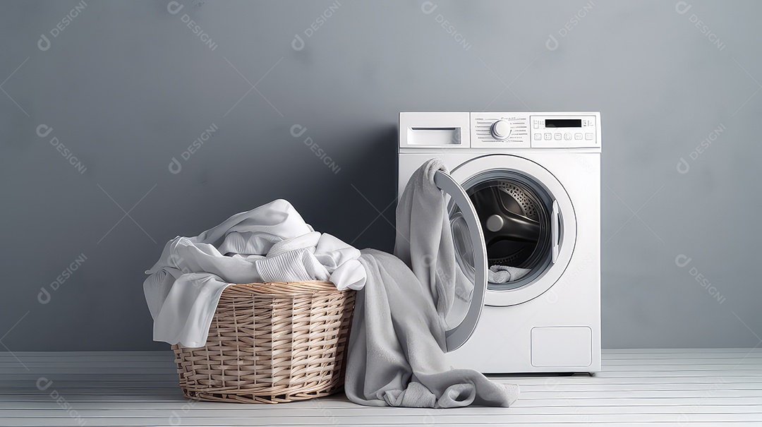 Cesta de vime com roupas sujas e máquina de lavar no fundo da parede cinza