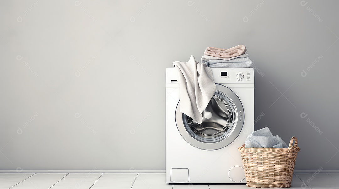 Cesta de vime com roupas sujas e máquina de lavar no fundo da parede cinza