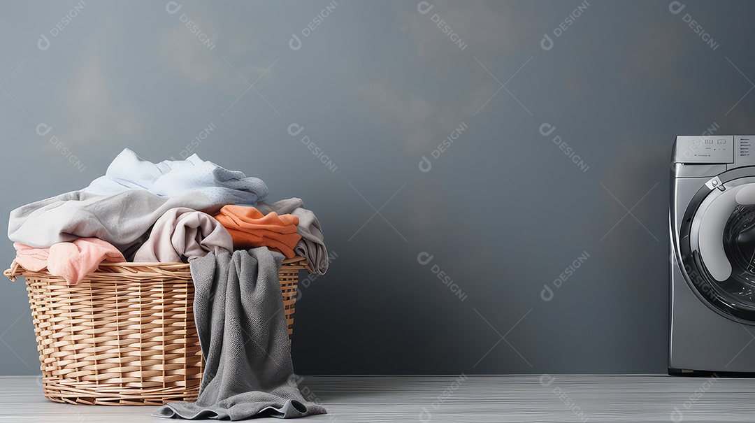 Cesta de vime com roupas sujas e máquina de lavar no fundo da parede cinza