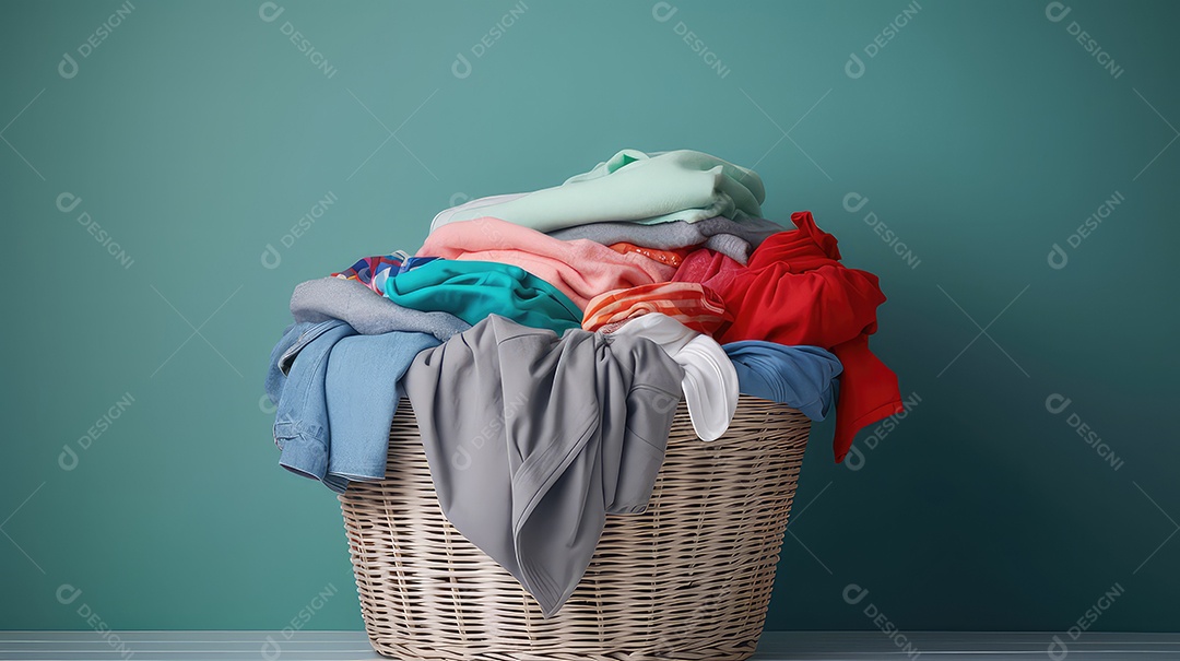 Cesto de roupa no chão sobre um fundo verde