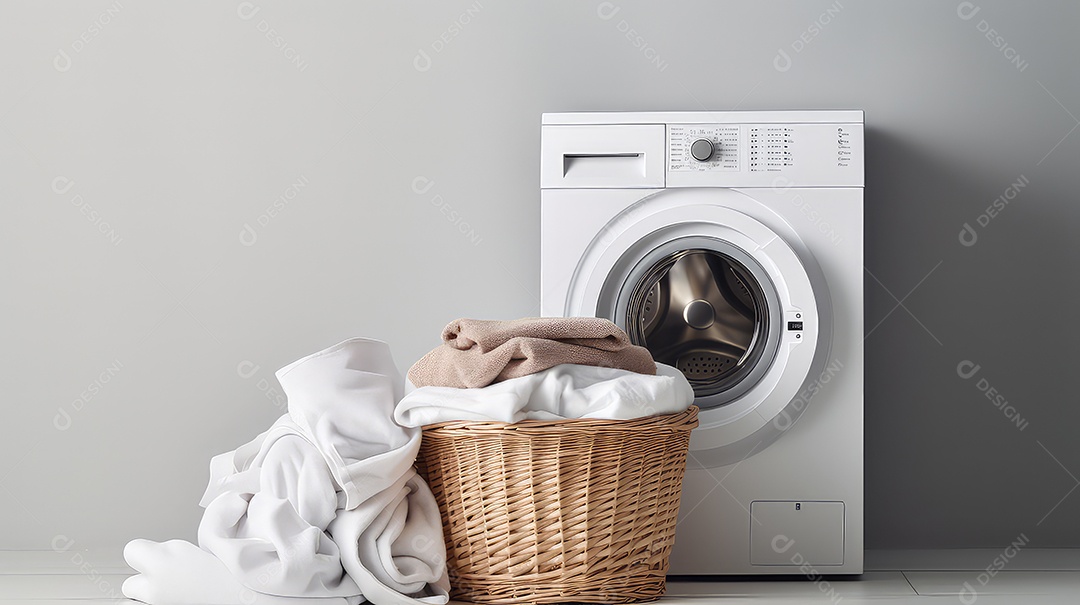 Máquina de lavar e cesto de roupa no chão