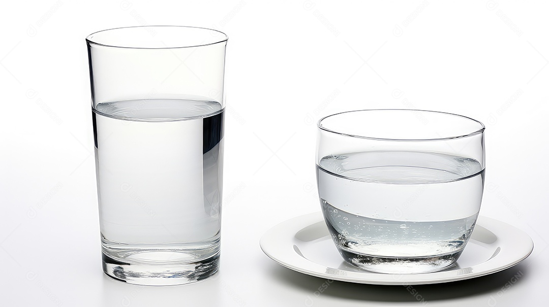 Jarra de vidro transparente e copo de vidro com água sobre fundo branco