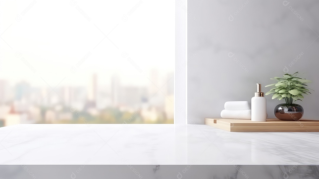 Frascos de cosméticos em bancada de mármore branco no banheiro