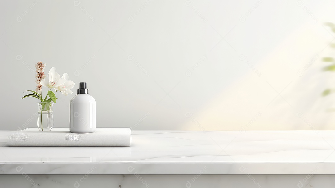 Frascos de cosméticos brancos sobre mesa de mármore branco