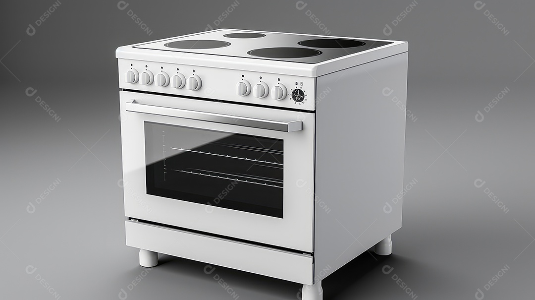 Um fogão a gás branco isolado em fundo de estúdio cinza