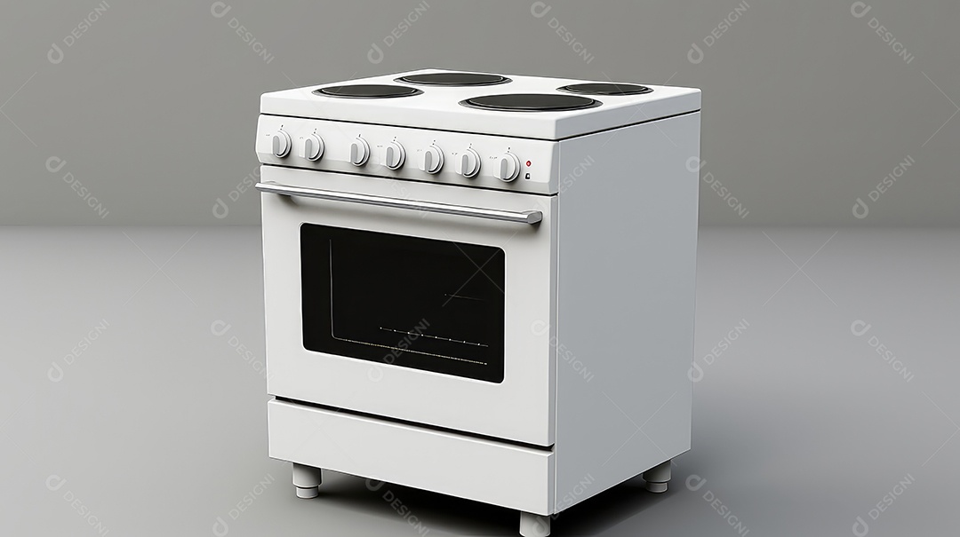 Um fogão a gás branco isolado em fundo de estúdio cinza