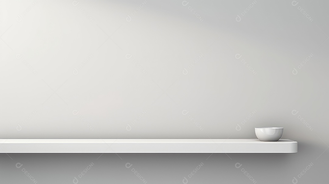 Prateleira branca com planta em fundo de parede cinza