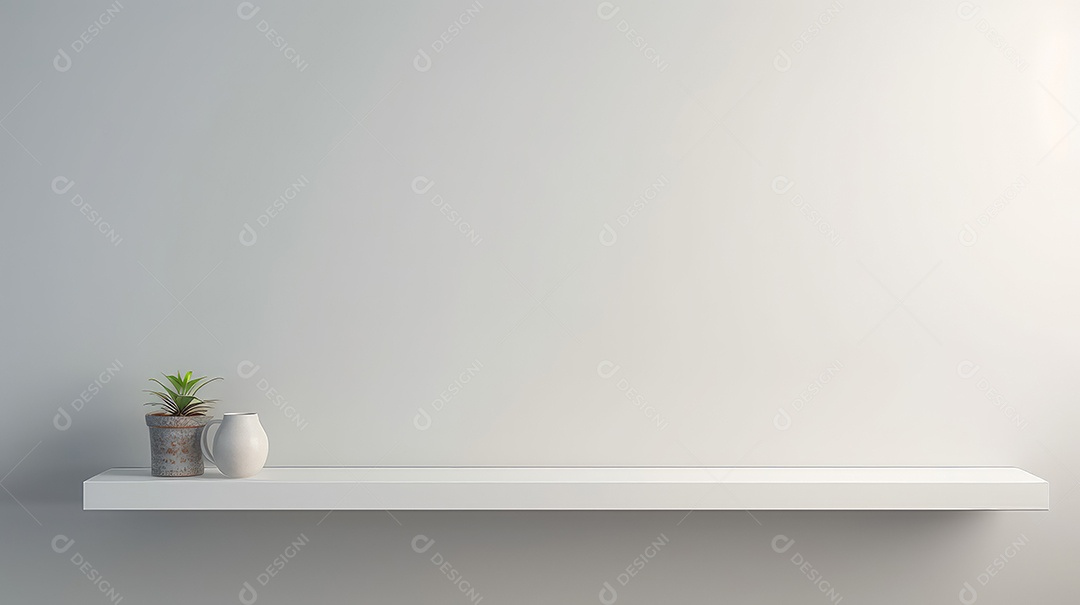Prateleira branca vazia sobre fundo de parede branca