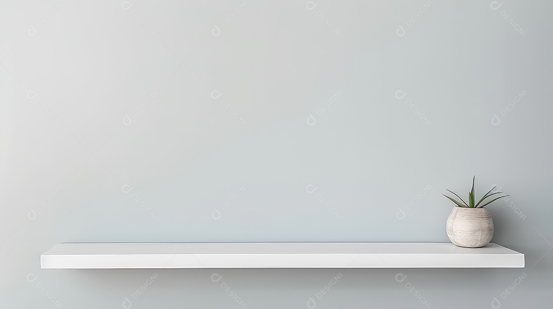 Prateleira branca com um vaso de planta em uma parede branca