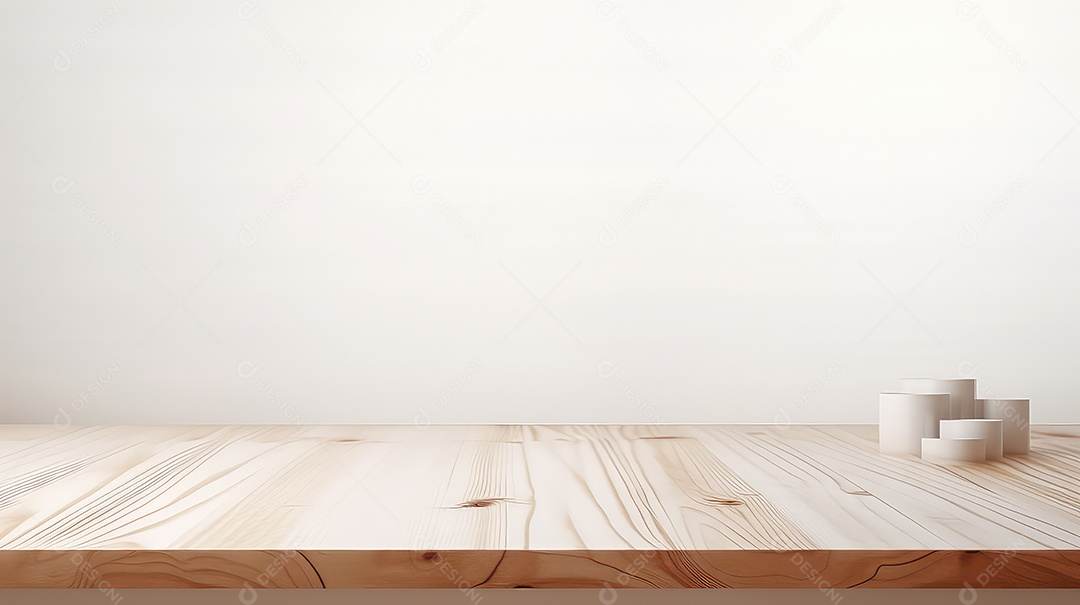 Mesa de madeira em frente a uma parede branca com espaço para texto