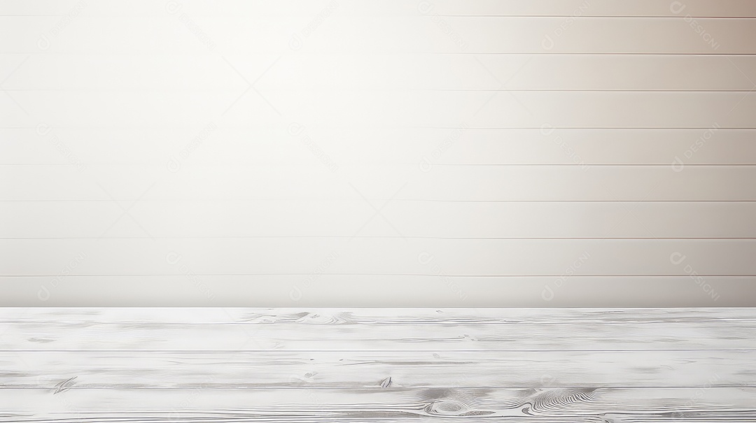 Mesa de madeira branca e fundo de parede branca