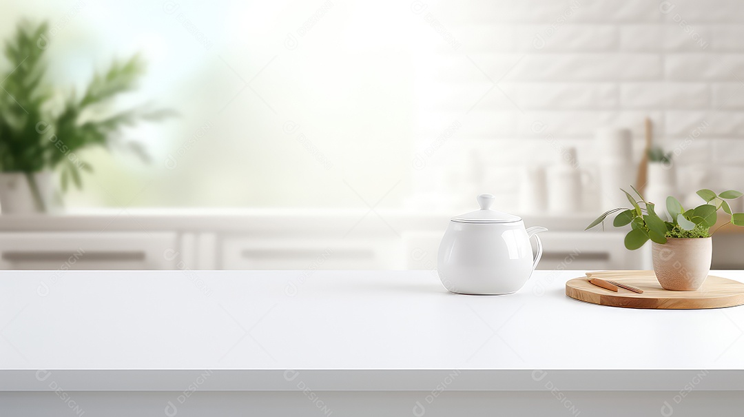 Uma mesa de madeira em um interior de cozinha moderna