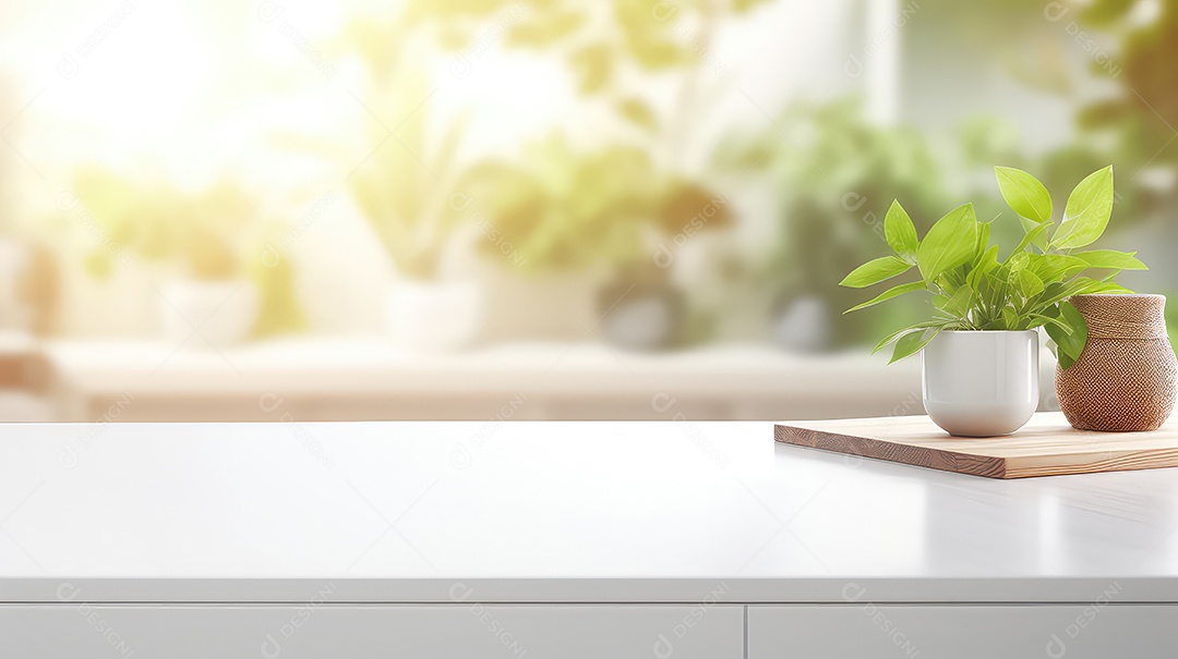 Uma mesa de madeira em um interior de cozinha moderna