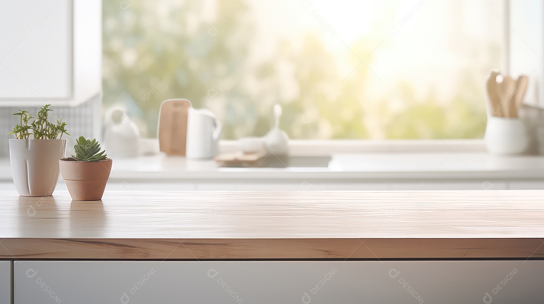 Uma mesa de madeira em um interior de cozinha moderna