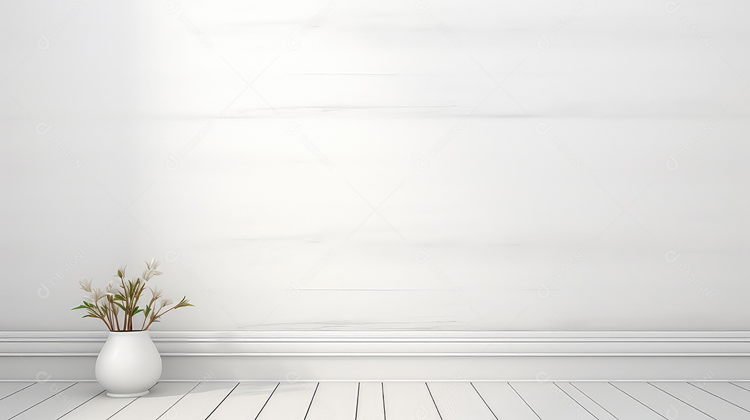 Vaso branco com flores brancas no chão de madeira da sala