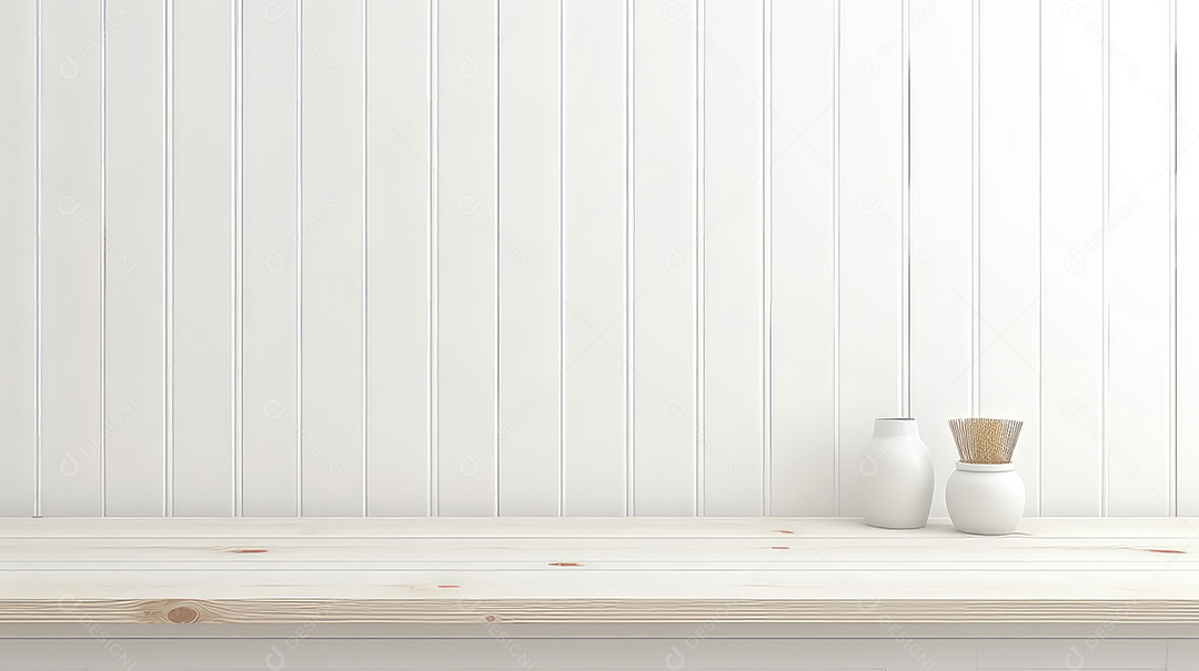 Prateleira de madeira branca com vaso e planta renderização 3D