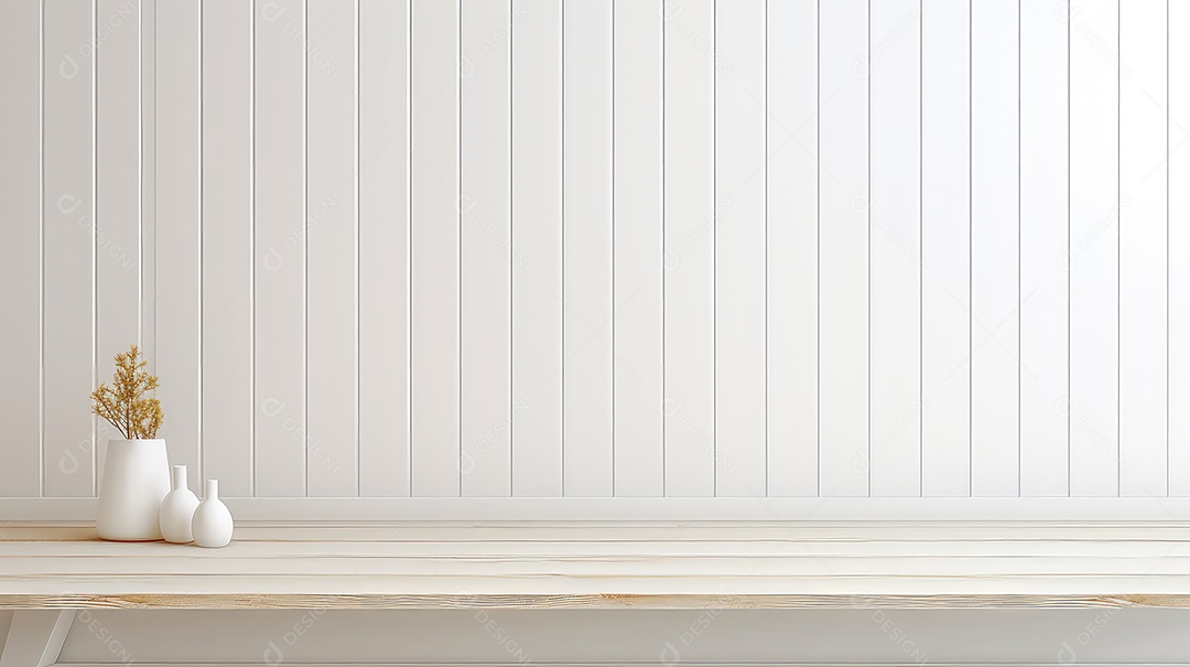 Renderização 3D de uma parede branca com um vaso e uma planta