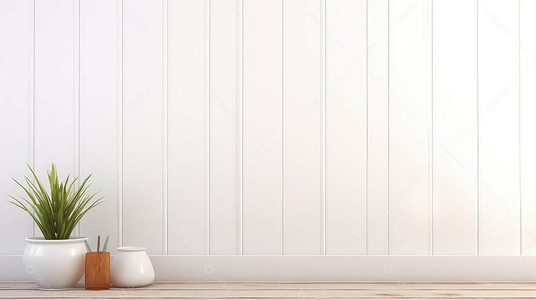 Renderização 3D de uma parede branca com um vaso e uma planta