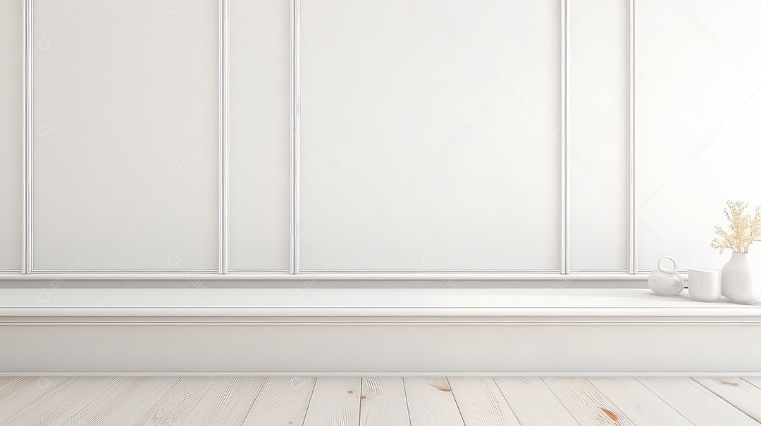 Interior com parede branca e piso de madeira