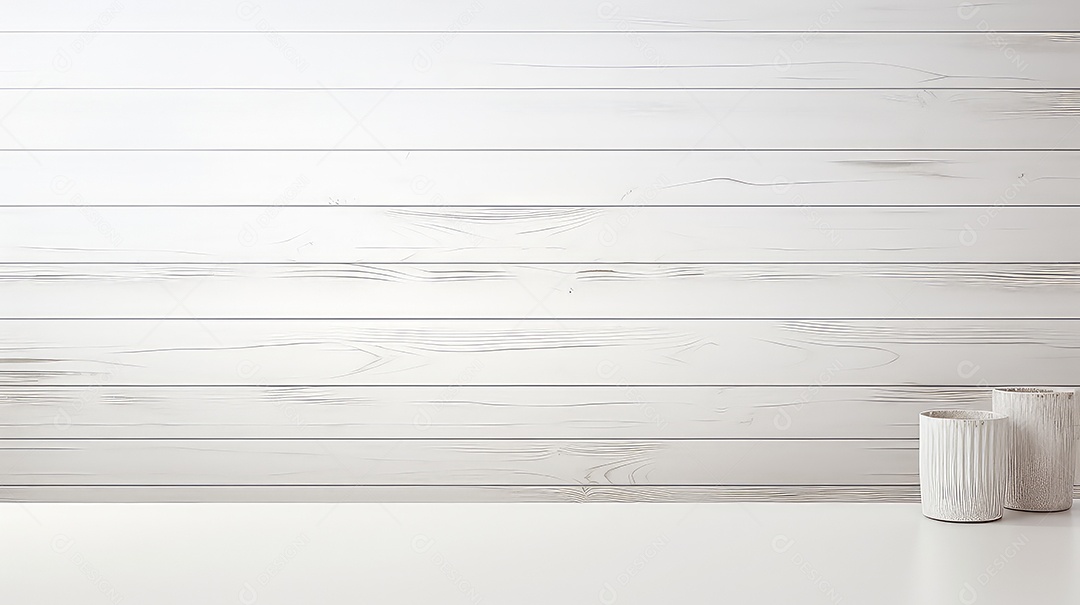 Renderização 3D de uma parede de madeira branca com dois vasos de flores