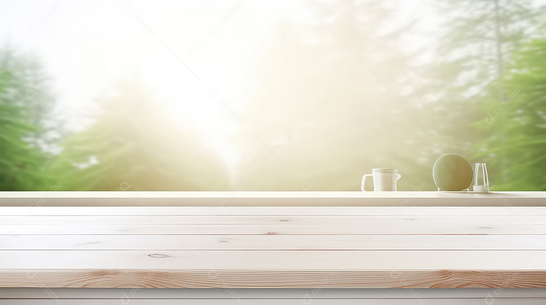 Mesa de madeira vazia e fundo desfocado do interior da cozinha