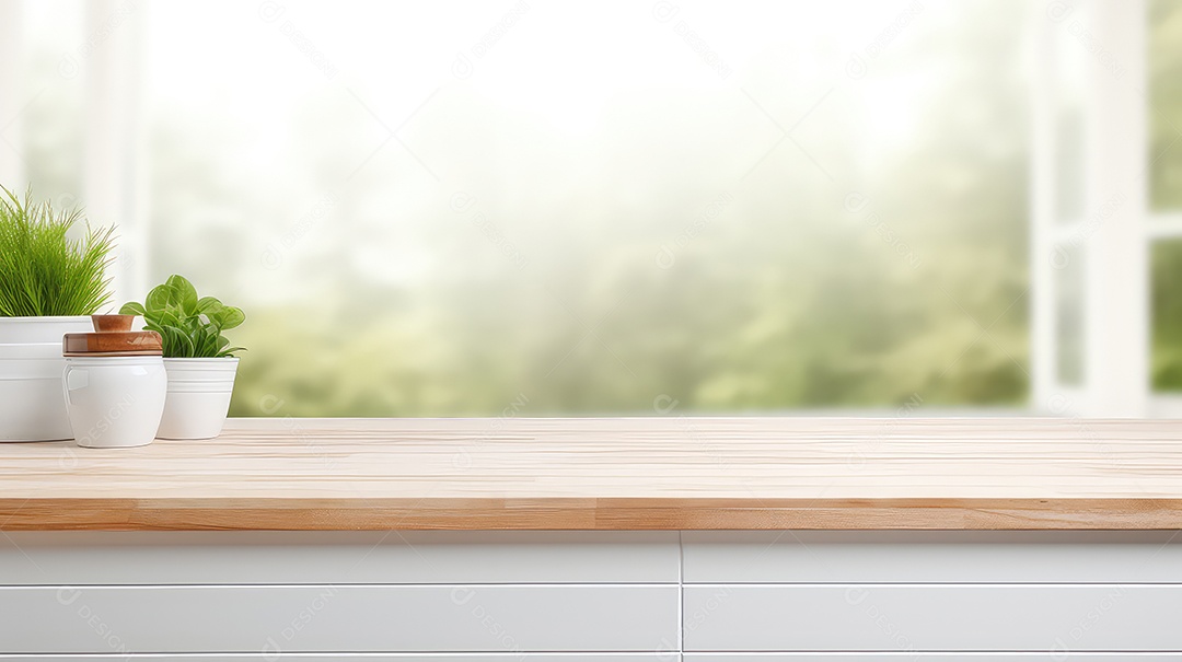 Mesa de madeira vazia e interior de cozinha moderna