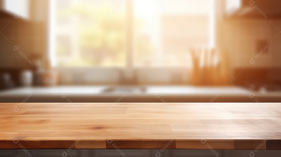 Mesa de madeira vazia e interior de cozinha moderna