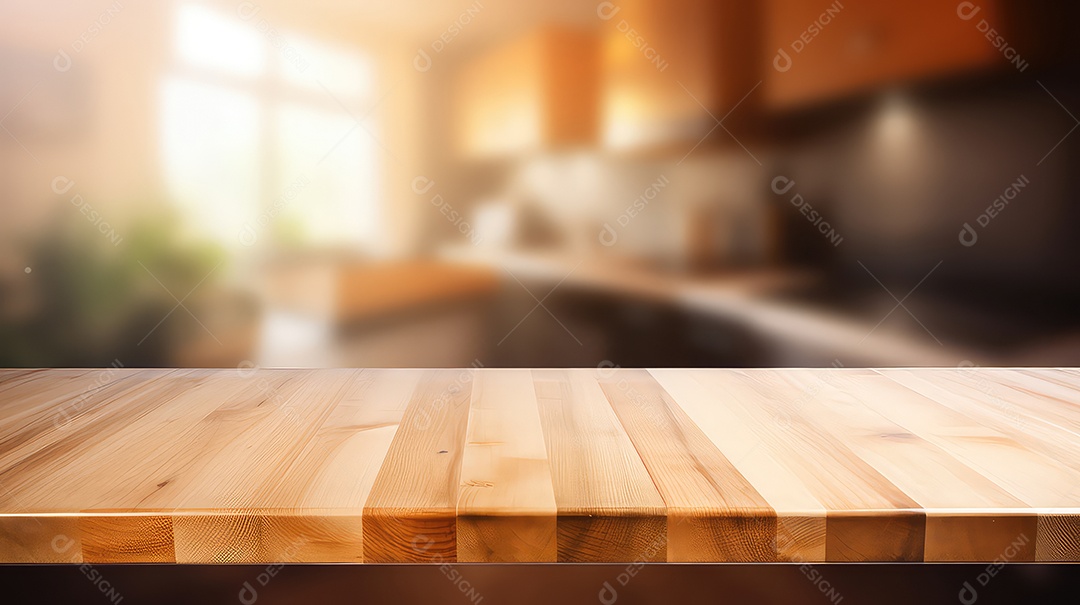 Mesa de madeira vazia e interior de cozinha moderna